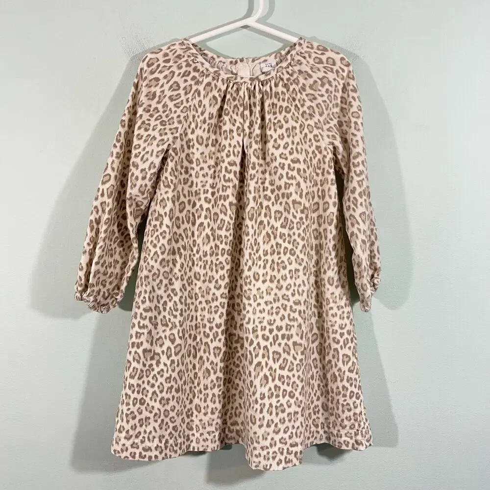 GAP Girl's White & Brown Leopard Corduroy Long Sleeve Dress Size 5YO